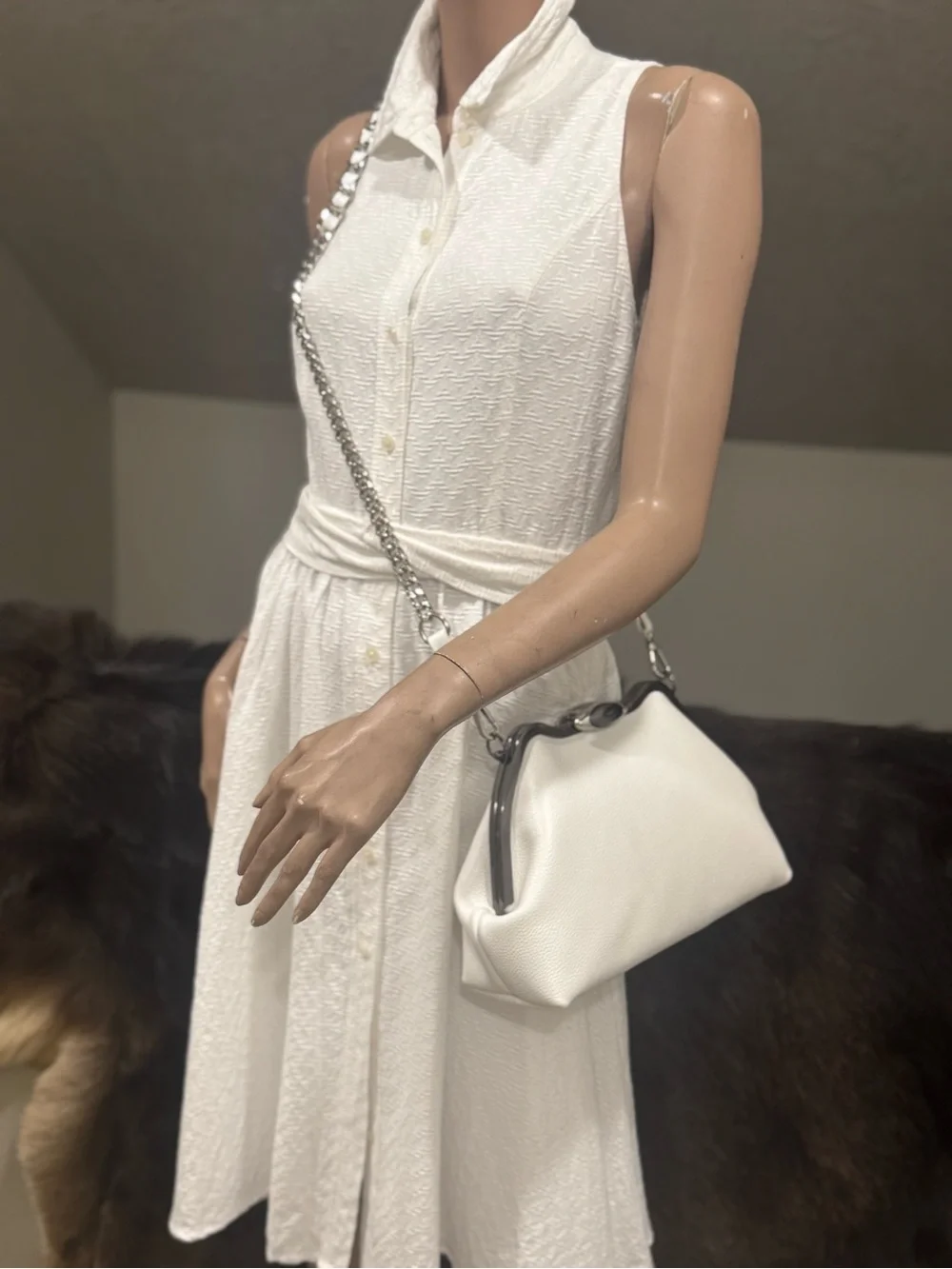 White Pebble Cowhide Handmade Custom Metal Frame Shoulder Bag, With 2 Straps